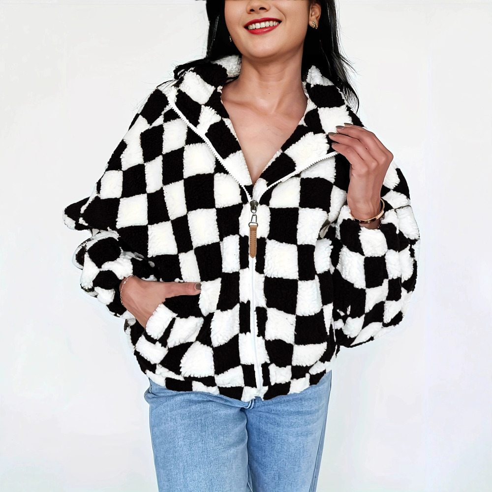 Forever 21 Fleece Plaid Long-Sleeve Hooded Zip-Up Coat with Pockets Loose Fit